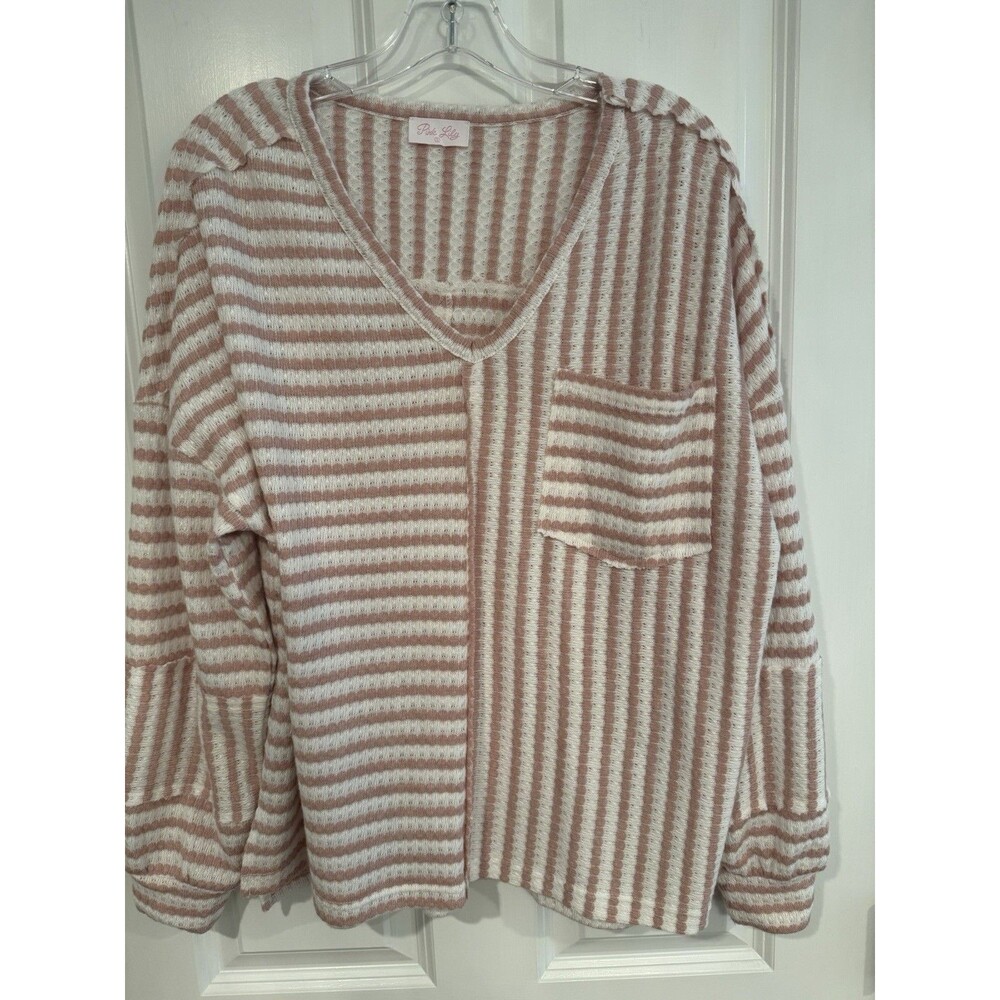 Pink Lily Tan/White Striped V-Neck Long Sleeve Knit Pocket Sweater S 24PLBK005